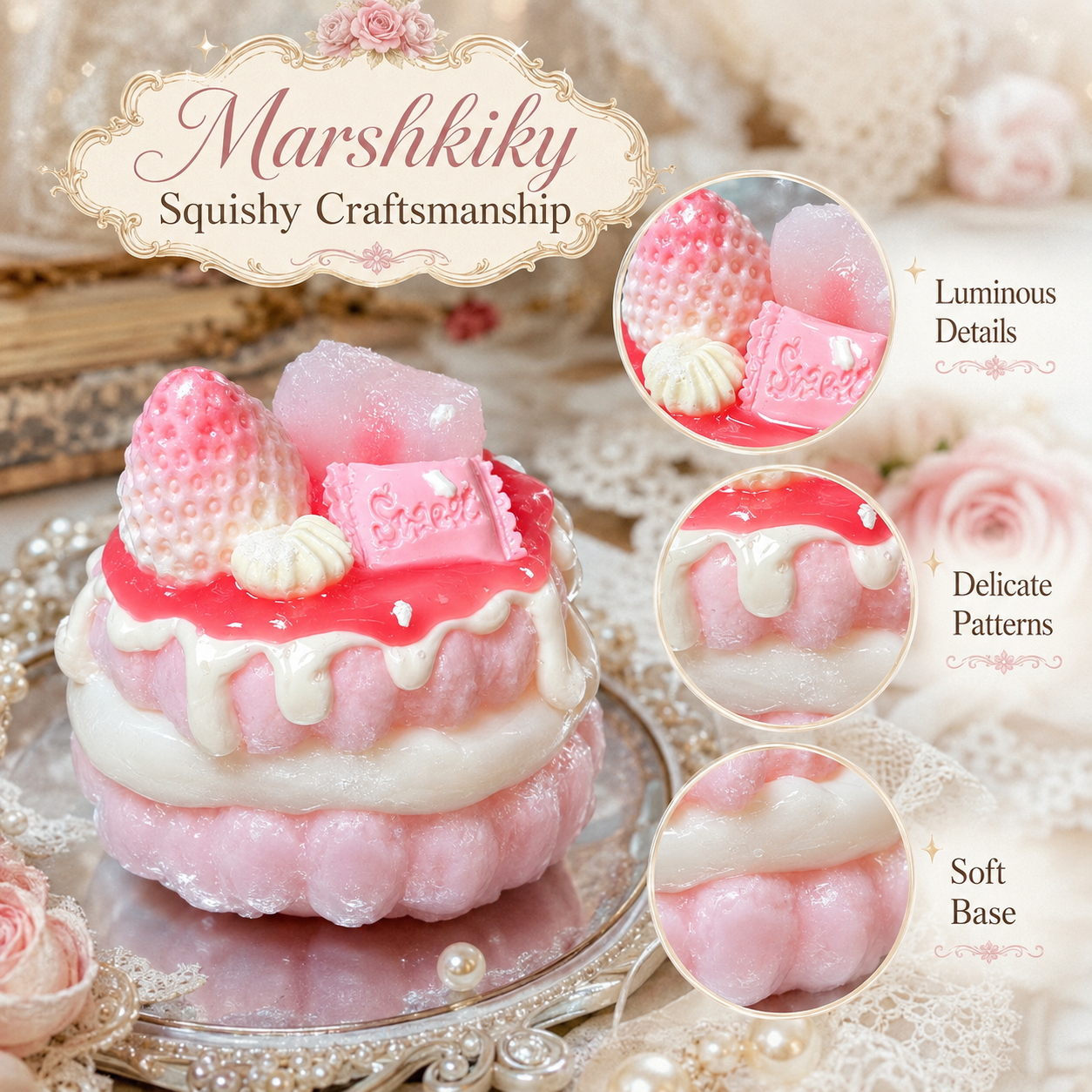 Craftsmanship details of the round strawberry cake squishy showing luminous details, delicate patterns, and soft base.