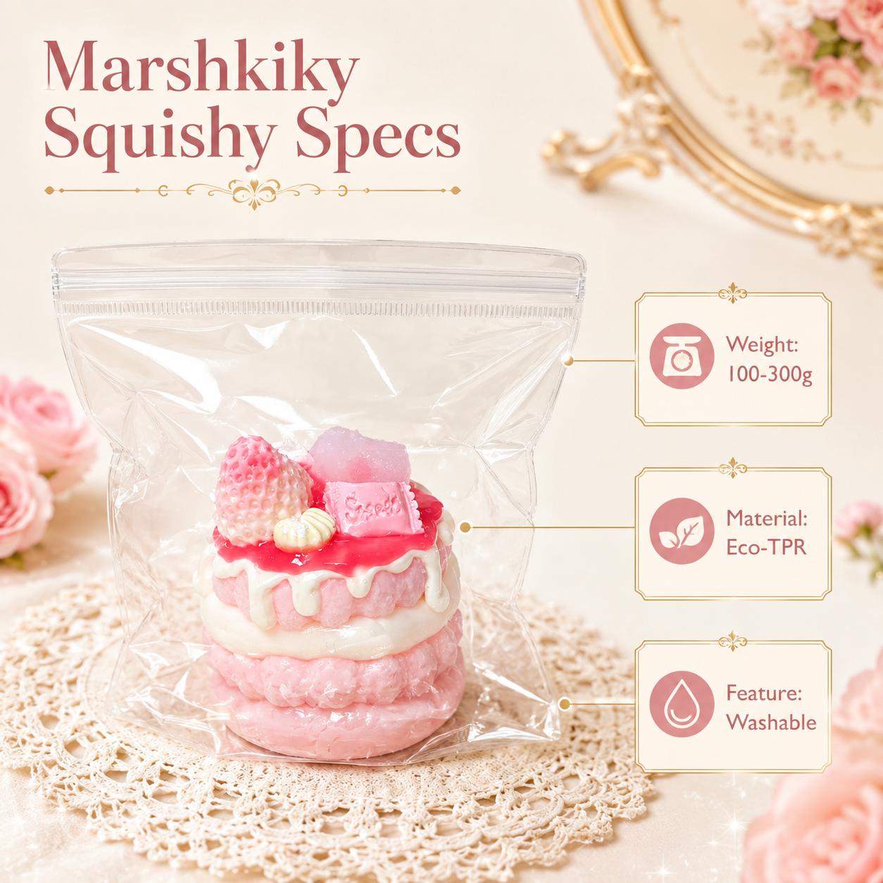 Specifications for the packaged cake squishy showing weight, eco-TPR material, and washable feature.