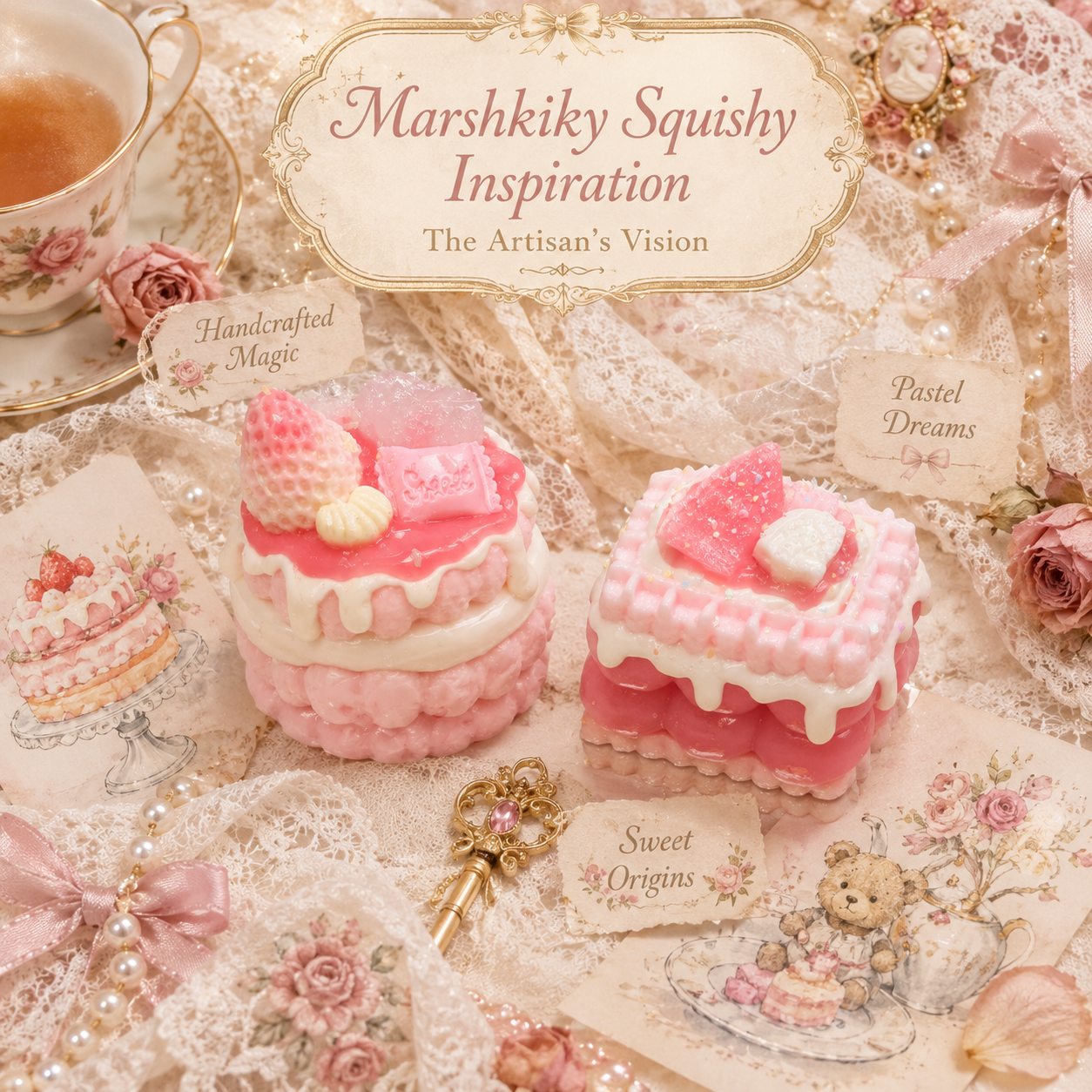 Round and square cake squishies arranged on lace with pearls and vintage props showing artisan inspiration.
