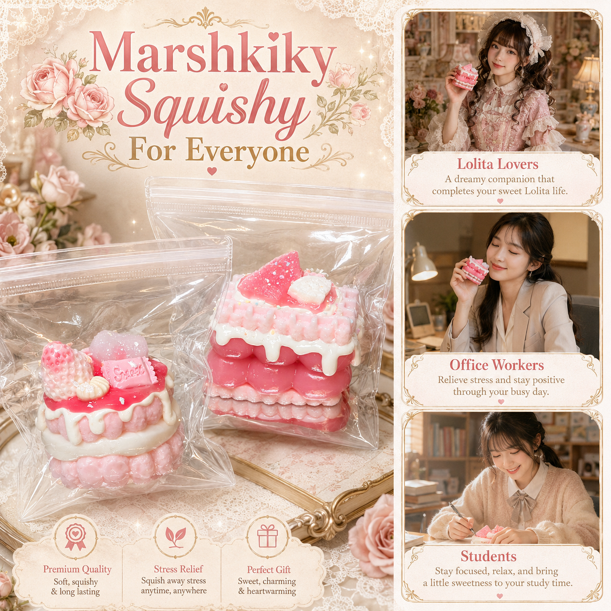 Packaged Marshkiky cake squishies described as perfect for Lolita lovers, office workers, and students.