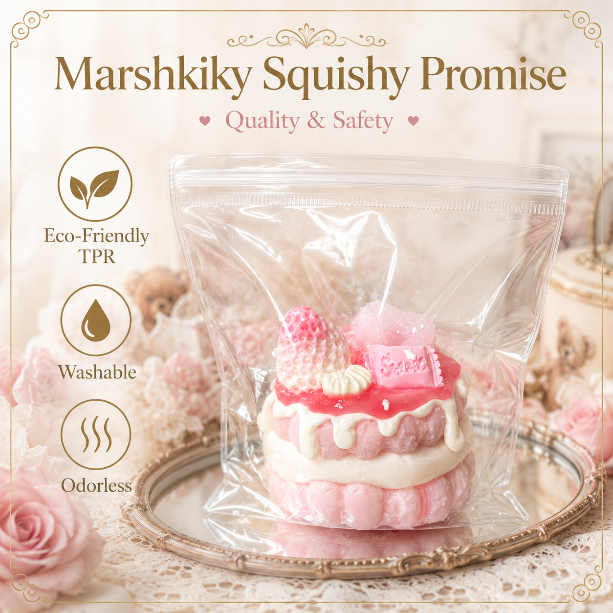 Packaged round cake squishy with quality promises including eco-friendly TPR, washable, and odorless materials.