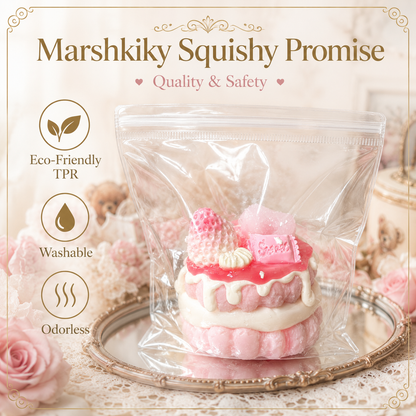 Packaged round cake squishy with quality promises including eco-friendly TPR, washable, and odorless materials.