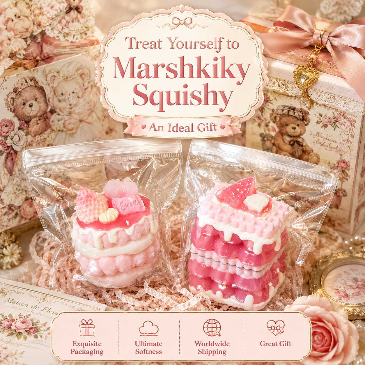 Two packaged Marshkiky cake squishies in a vintage gift box highlighting exquisite packaging and great gift potential.