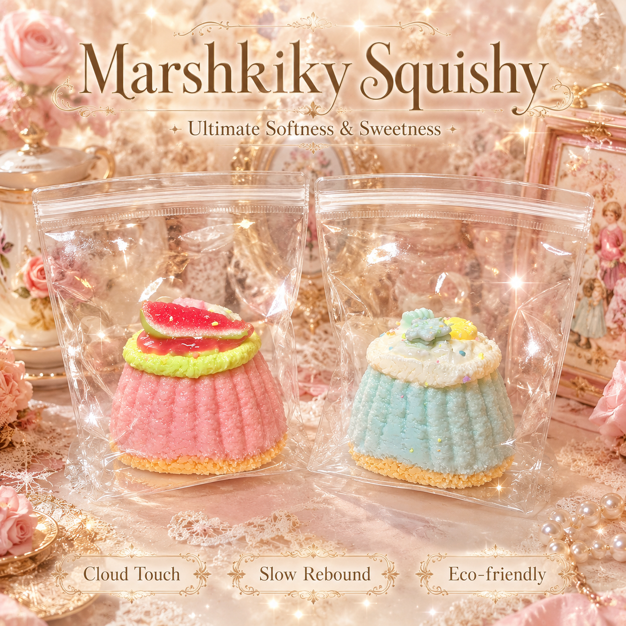 Pink and blue Marshkiky squishy toys side-by-side highlighting cloud touch and slow rebound features.