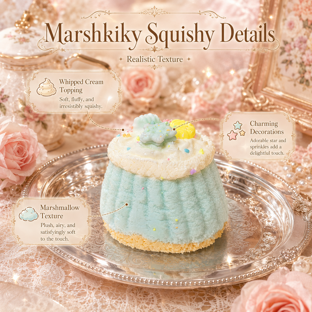Detailed view of blue squishy toy showing whipped cream topping, star decorations, and marshmallow texture.