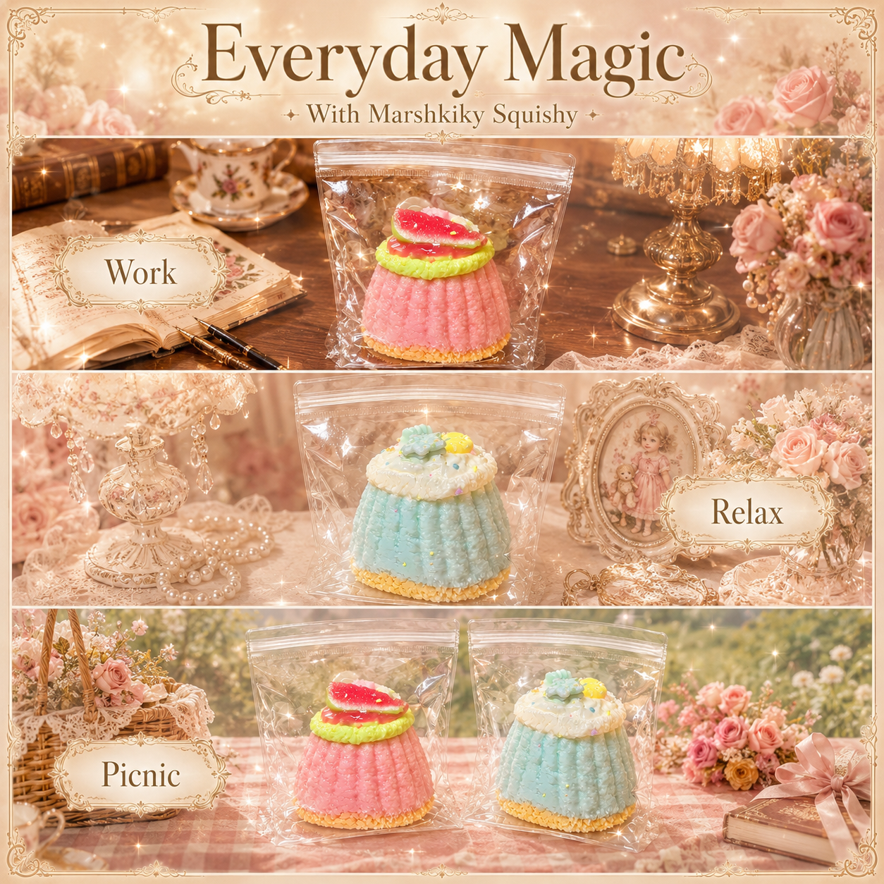 Squishy toys in different daily settings including work desk, relaxing vanity table, and outdoor picnic.