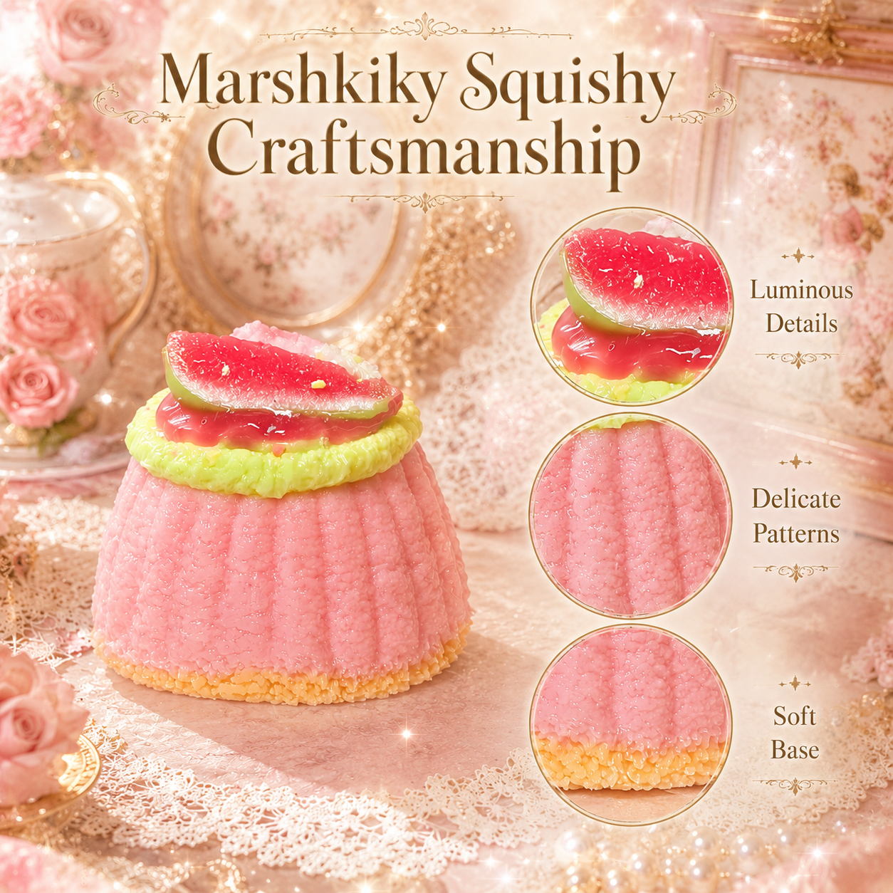 Close-up details of pink Marshkiky squishy showing luminous jelly topping, delicate patterns, and soft base.