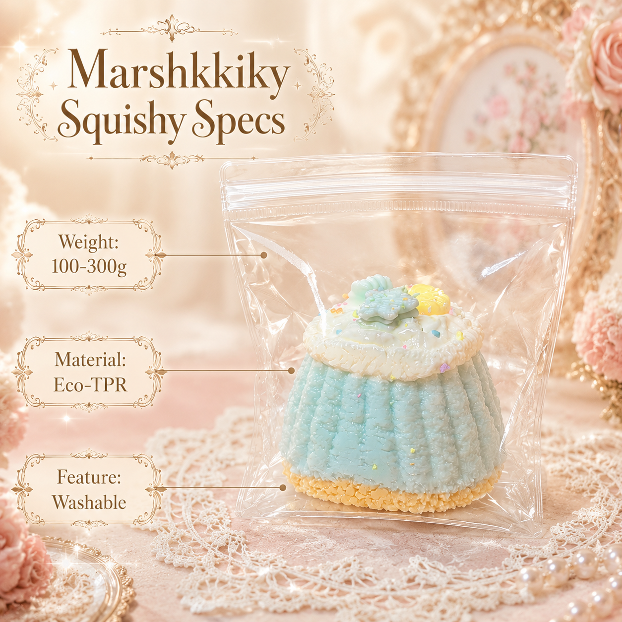 Product specifications for blue cake squishy highlighting 100-300g weight, Eco-TPR material, and washable feature.