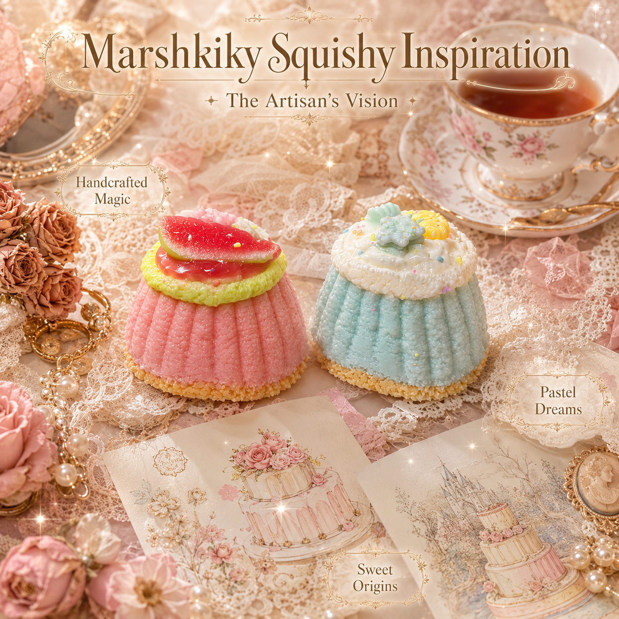 Pink and blue dessert squishies displayed on vintage cake illustrations showing handcrafted sweet inspiration.