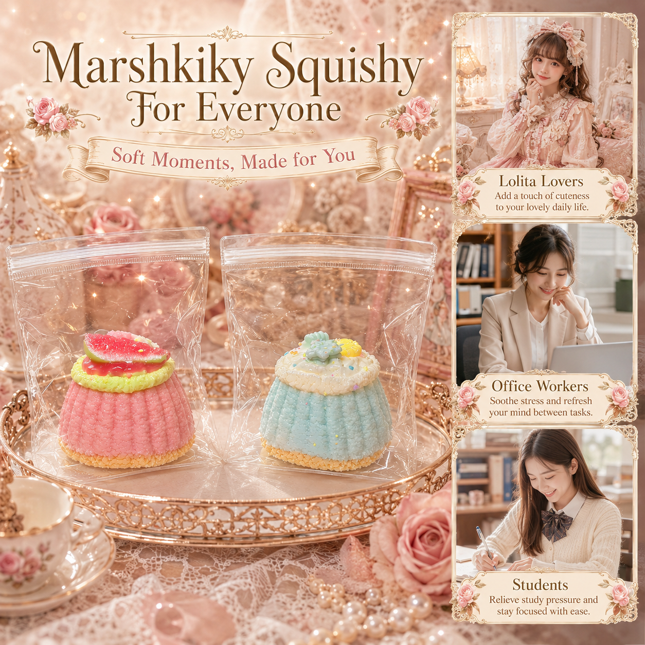 Target audience guide showing the squishy toy is perfect for Lolita fashion lovers, office workers, and students.