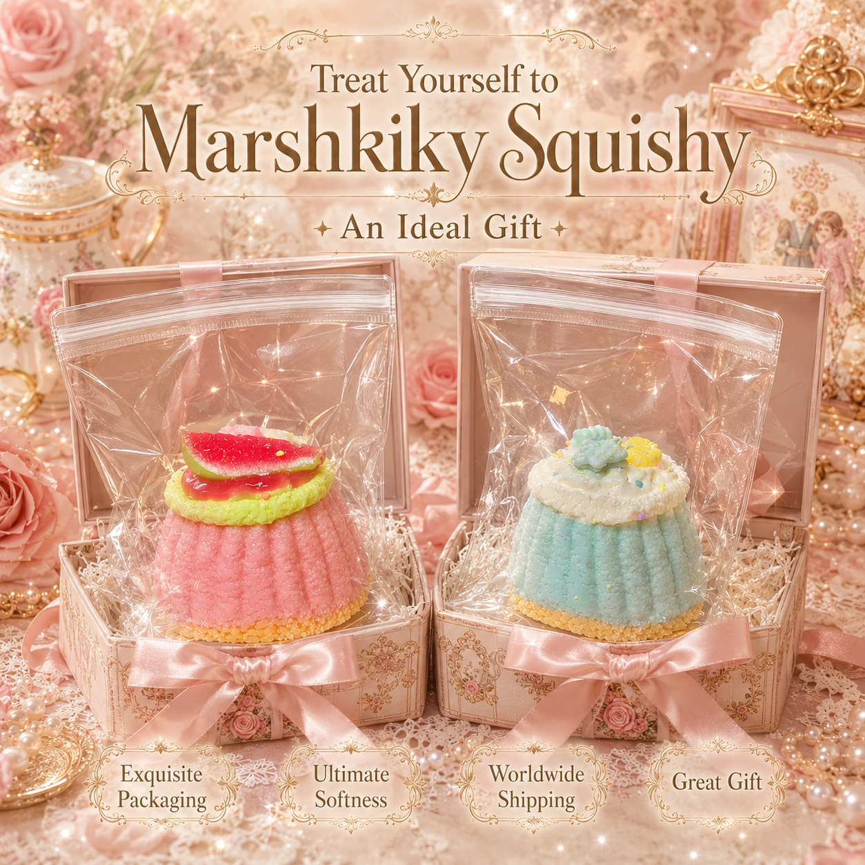 Pink and blue squishy toys beautifully packaged in exquisite gift boxes with ribbons, perfect for gifting.