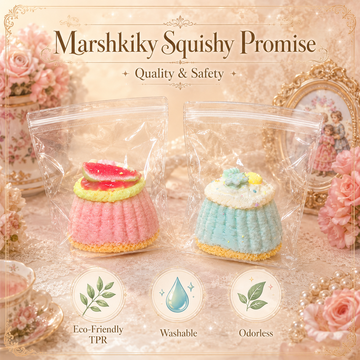 Marshkiky squishy safety promises featuring Eco-Friendly TPR material, washable design, and odorless guarantee.