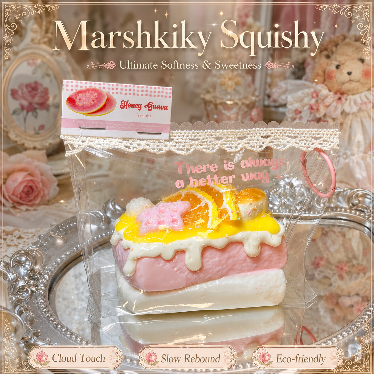 Marshkiky Squishy cake toy in Honey Guava packaging resting on a silver vintage tray.