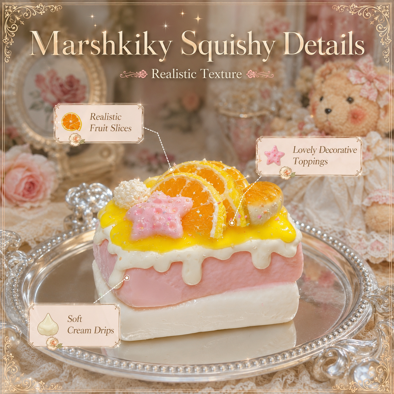 Close-up details of the cake squishy highlighting realistic fruit slices and soft cream drips.