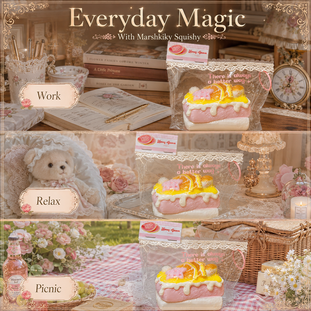 Three scenes showing the cake squishy being used for work, relaxation, and outdoor picnics.