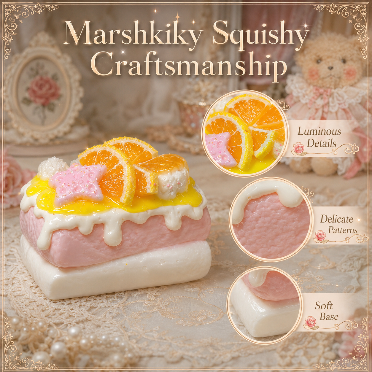 Macro shots revealing the craftsmanship, delicate patterns, and luminous details of the squishy.
