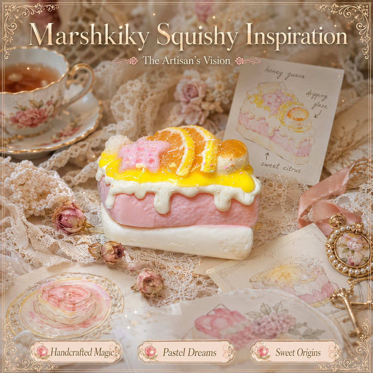 Artisan design watercolor sketches of the Honey Guava squishy surrounded by vintage props.