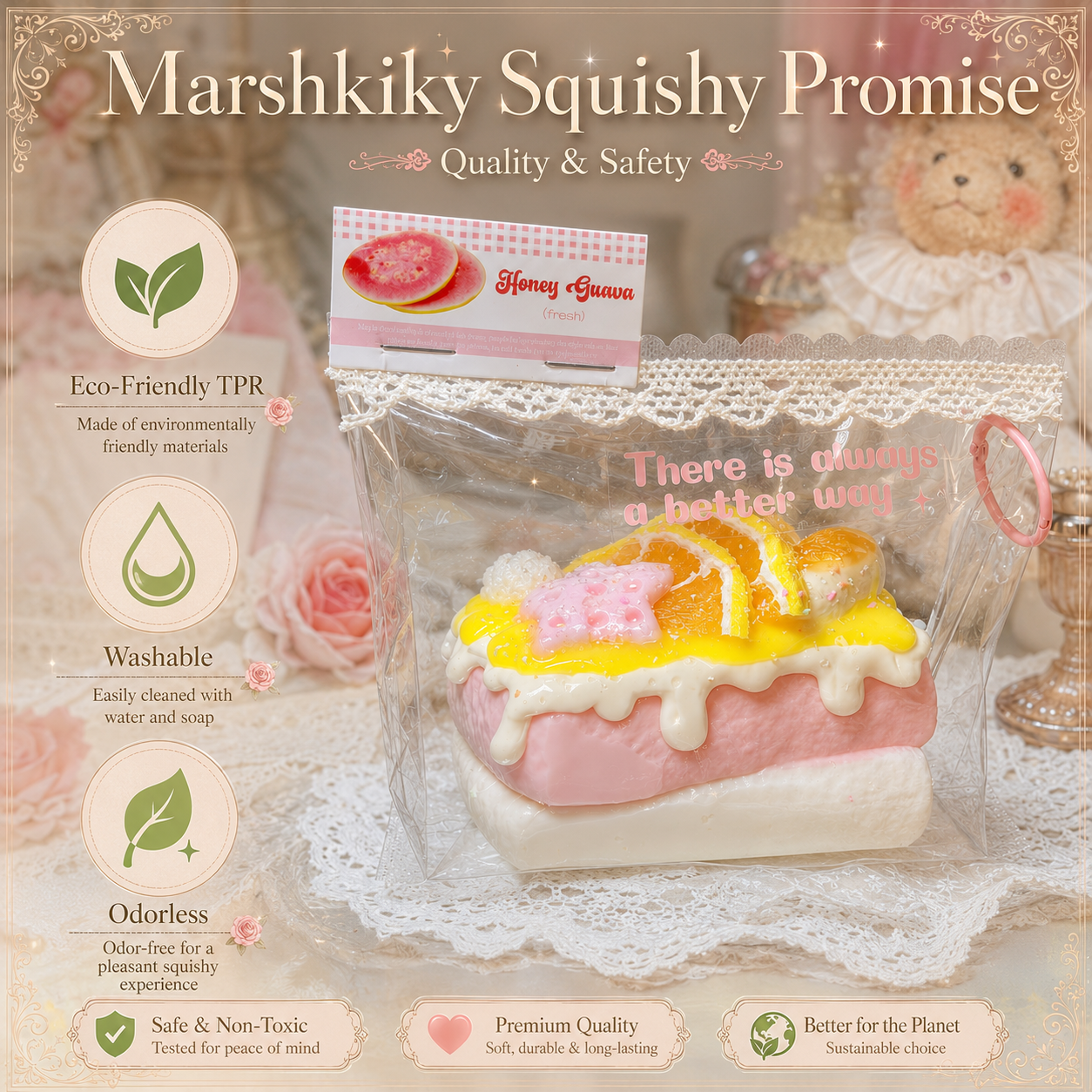 Safety guarantees highlighting the odorless, washable, and eco-friendly TPR material of the squishy.