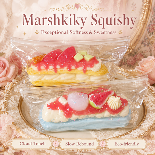 Yellow and blue Marshkiky dessert squishies in clear bags on a lace and pearl display.