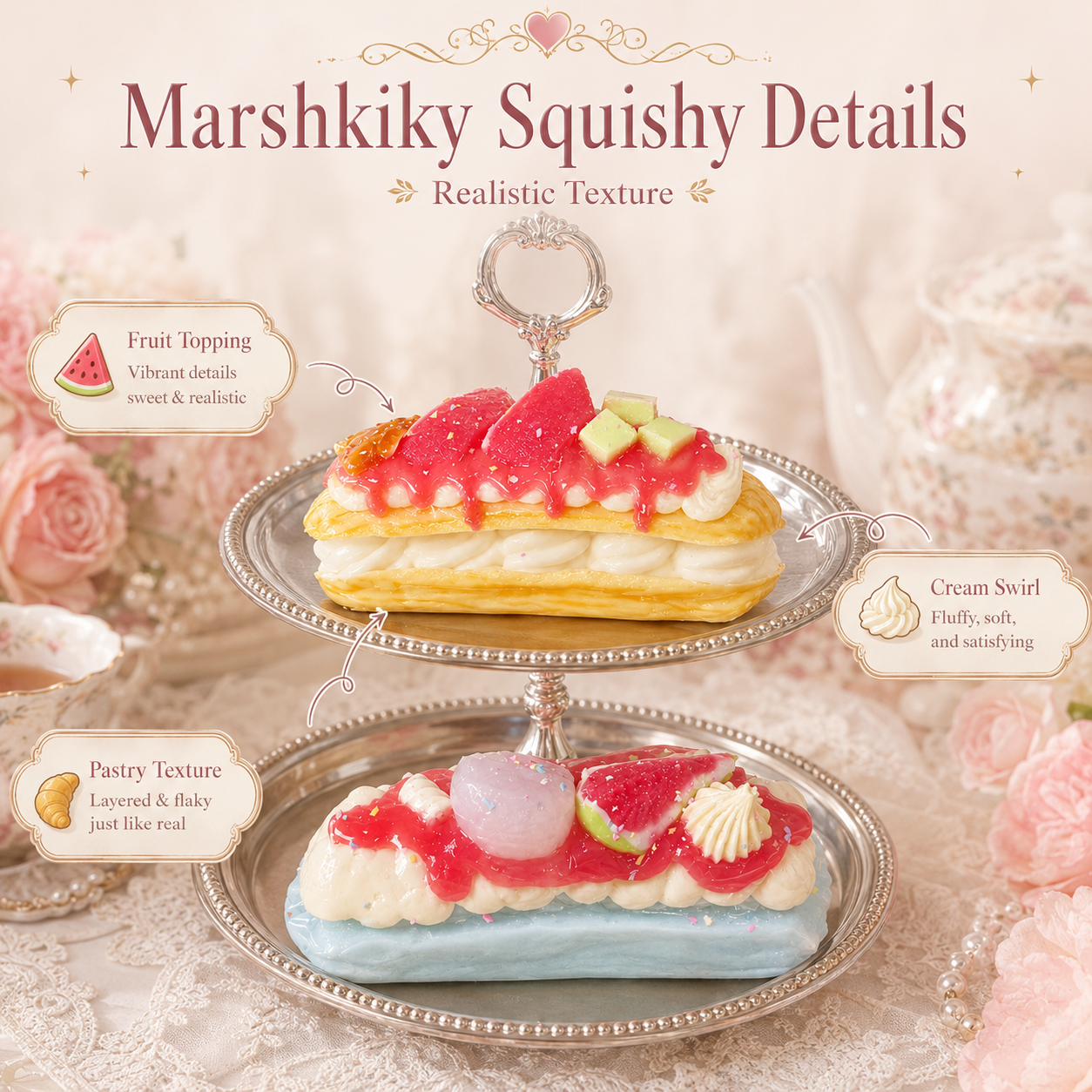 Silver tiered stand displaying realistic dessert squishies highlighting fruit, pastry, and cream details.