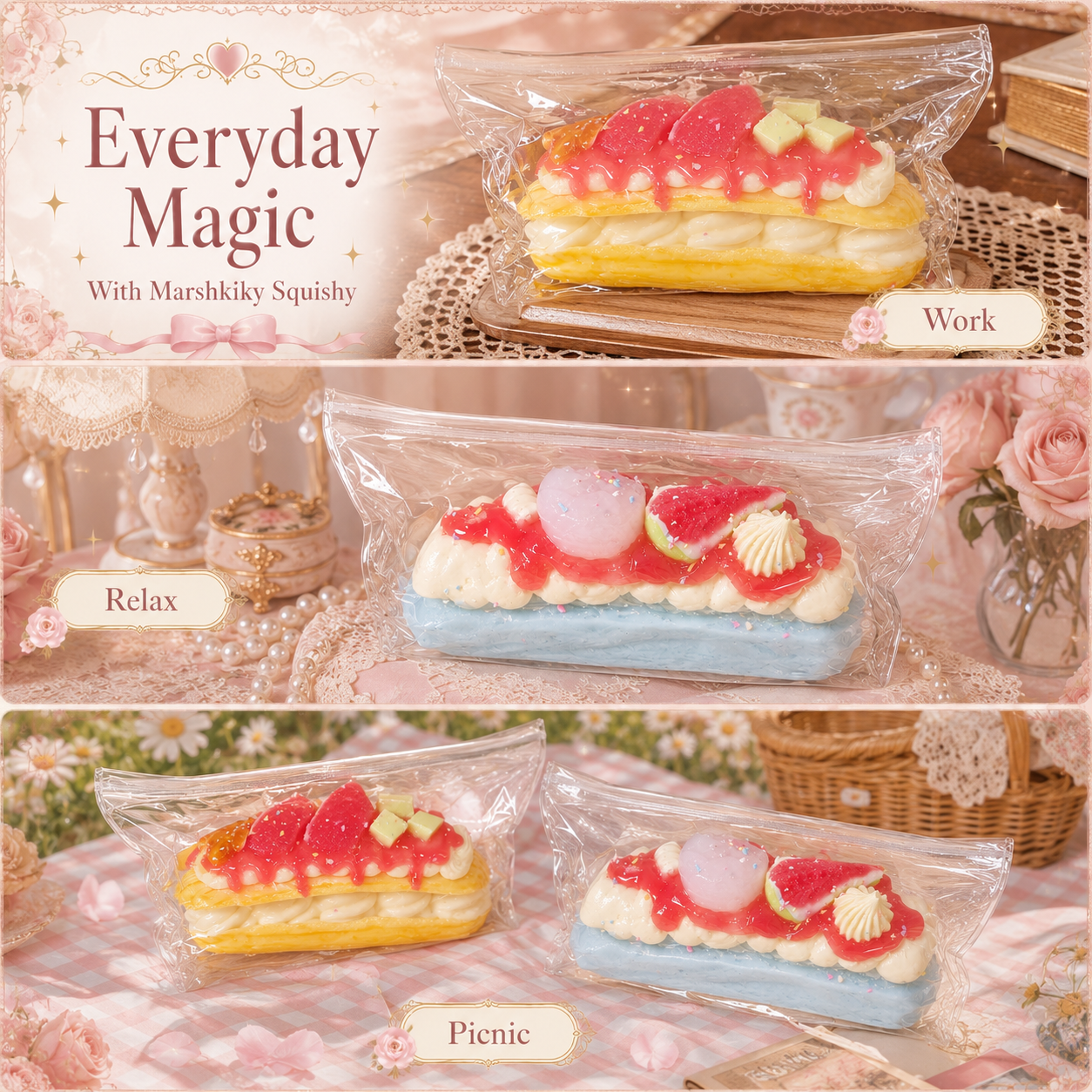 Three everyday scenes showing Marshkiky squishies being used for work, relaxation, and a picnic setting.