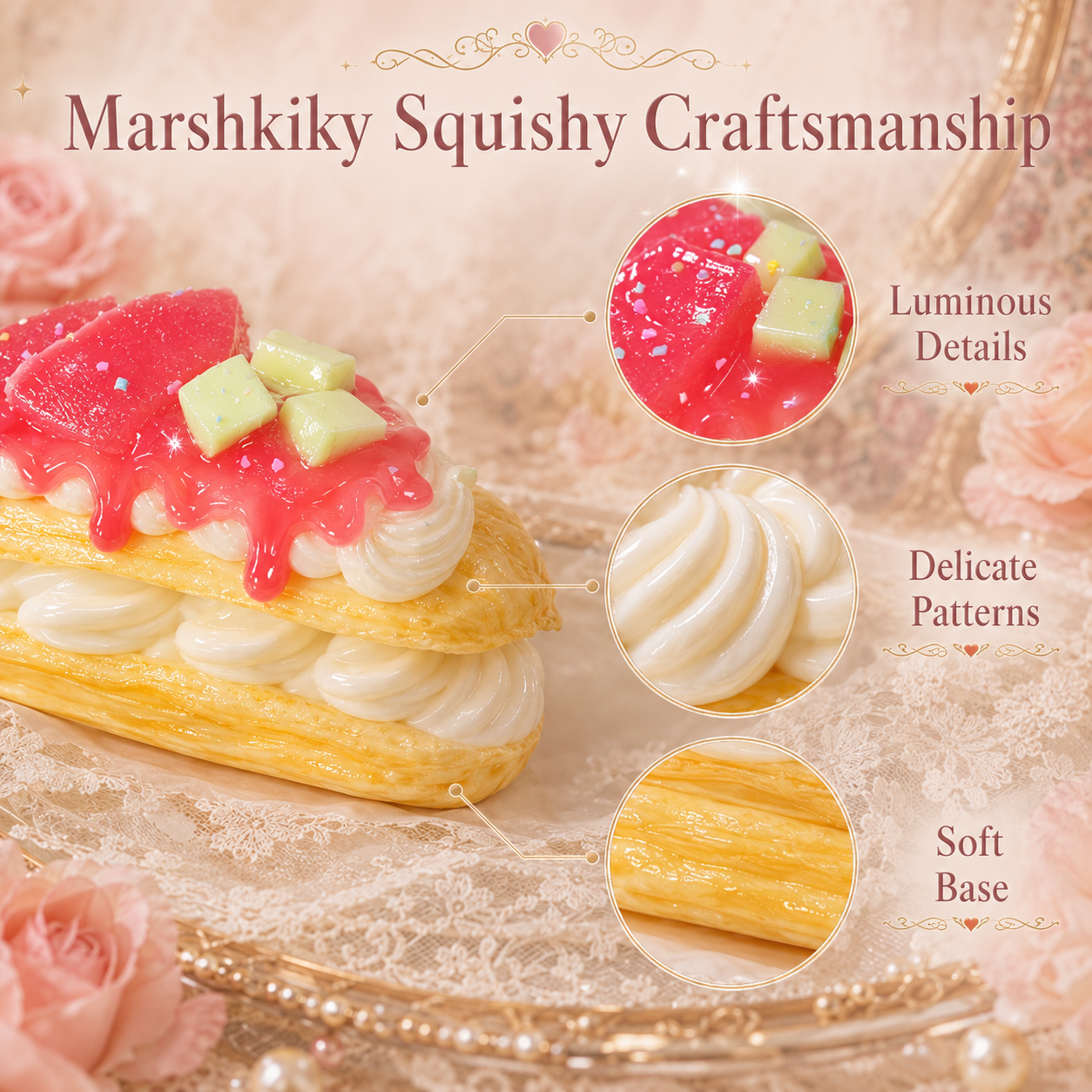 Close-up of yellow eclair squishy highlighting craftsmanship details like luminous fruit toppings and cream.