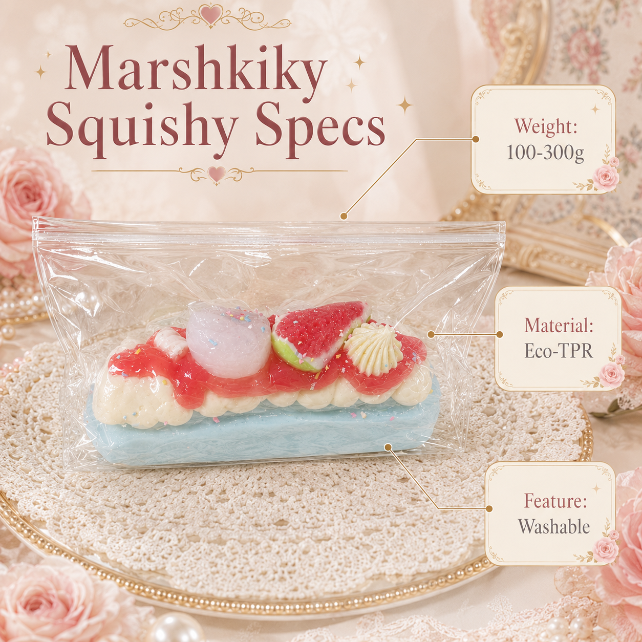 Blue Marshkiky squishy in clear packaging with text detailing specs: 100-300g weight, TPR material, and washable.