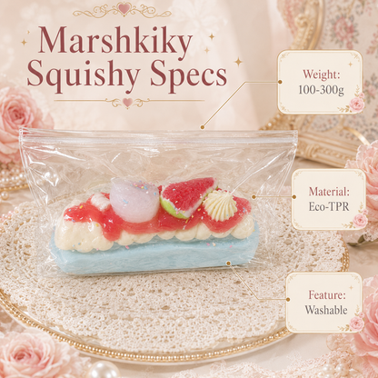 Blue Marshkiky squishy in clear packaging with text detailing specs: 100-300g weight, TPR material, and washable.