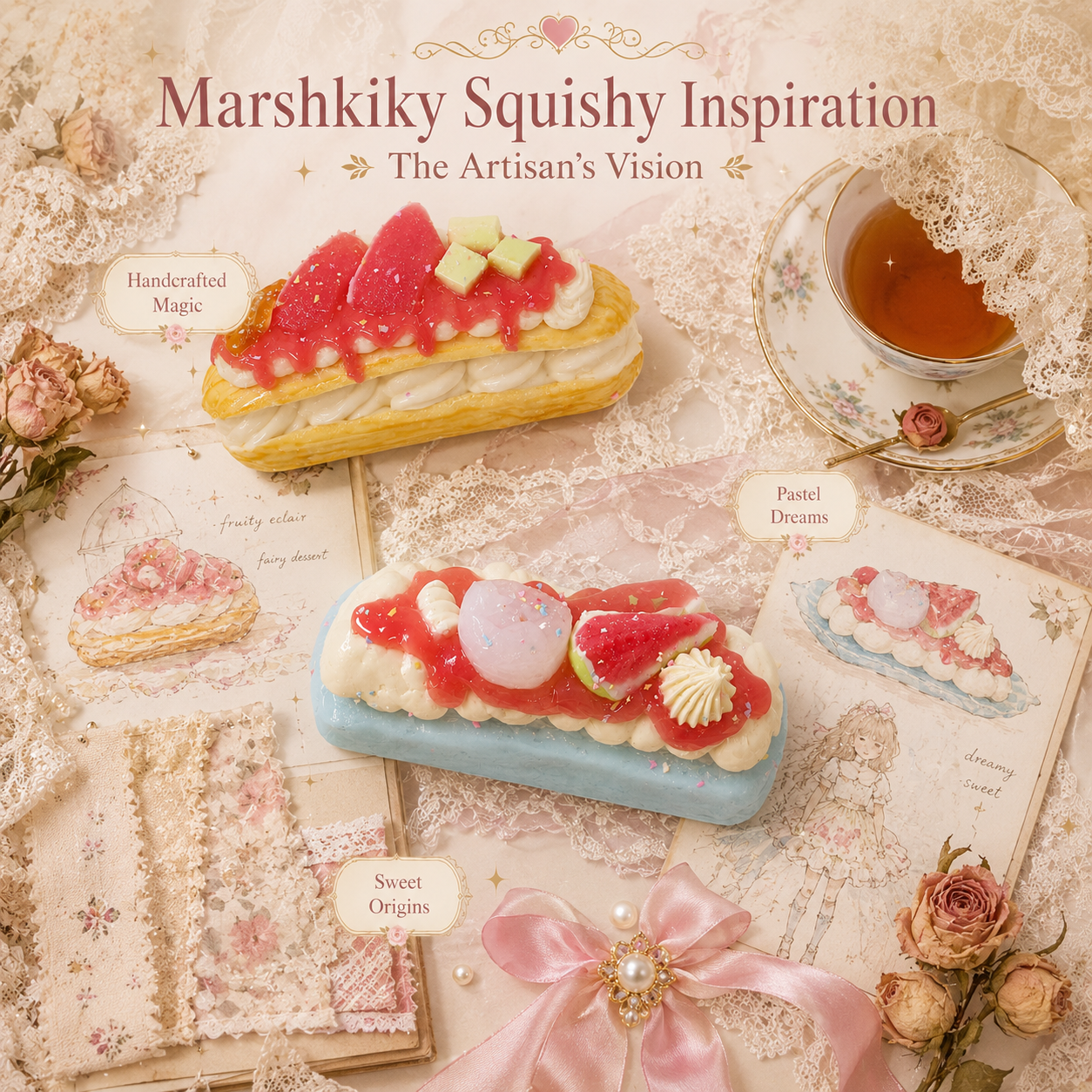 Yellow and blue dessert squishies displayed on vintage illustration cards with dried flowers and a teacup.
