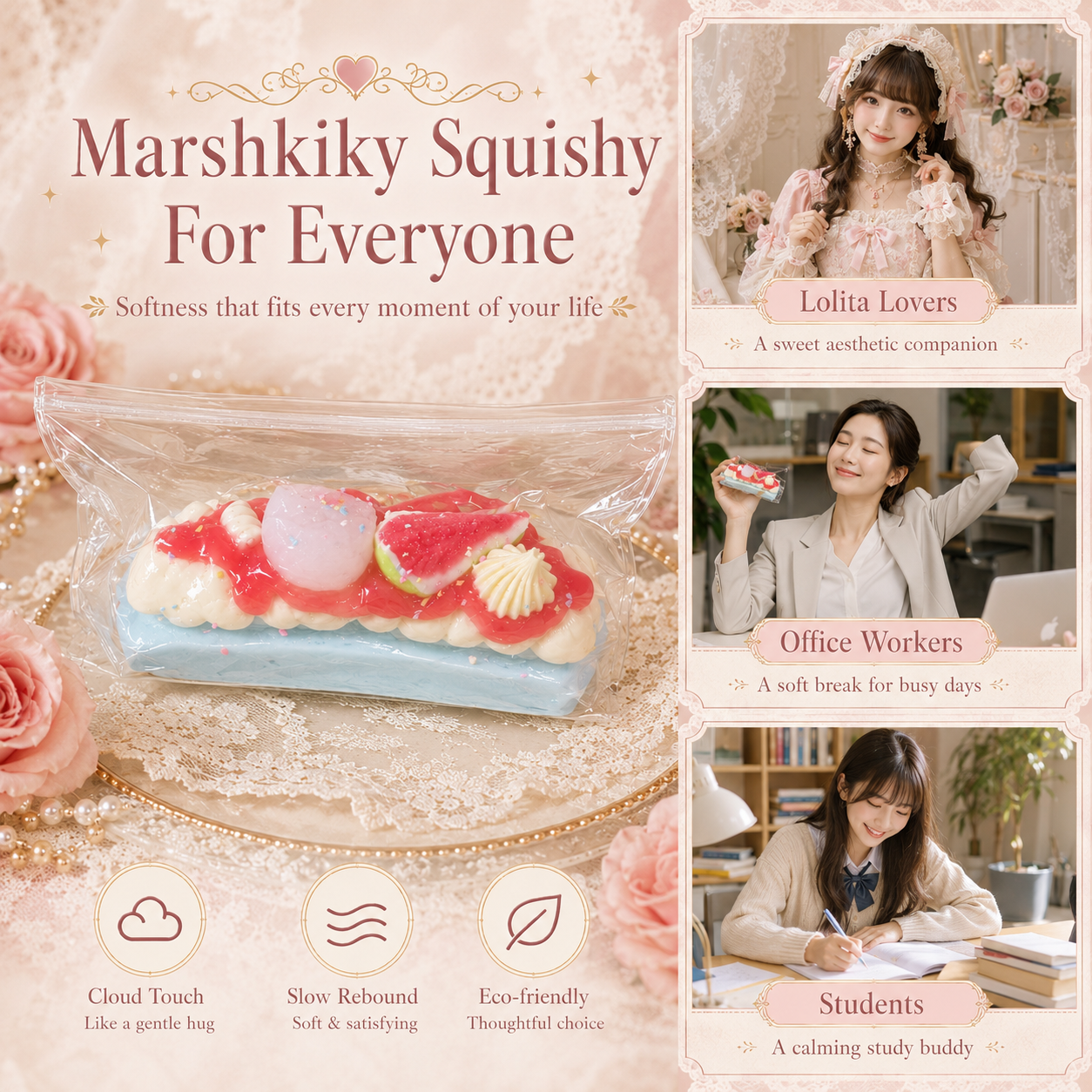 Marshkiky squishy lifestyle images showing it as a companion for Lolita lovers, office workers, and students.