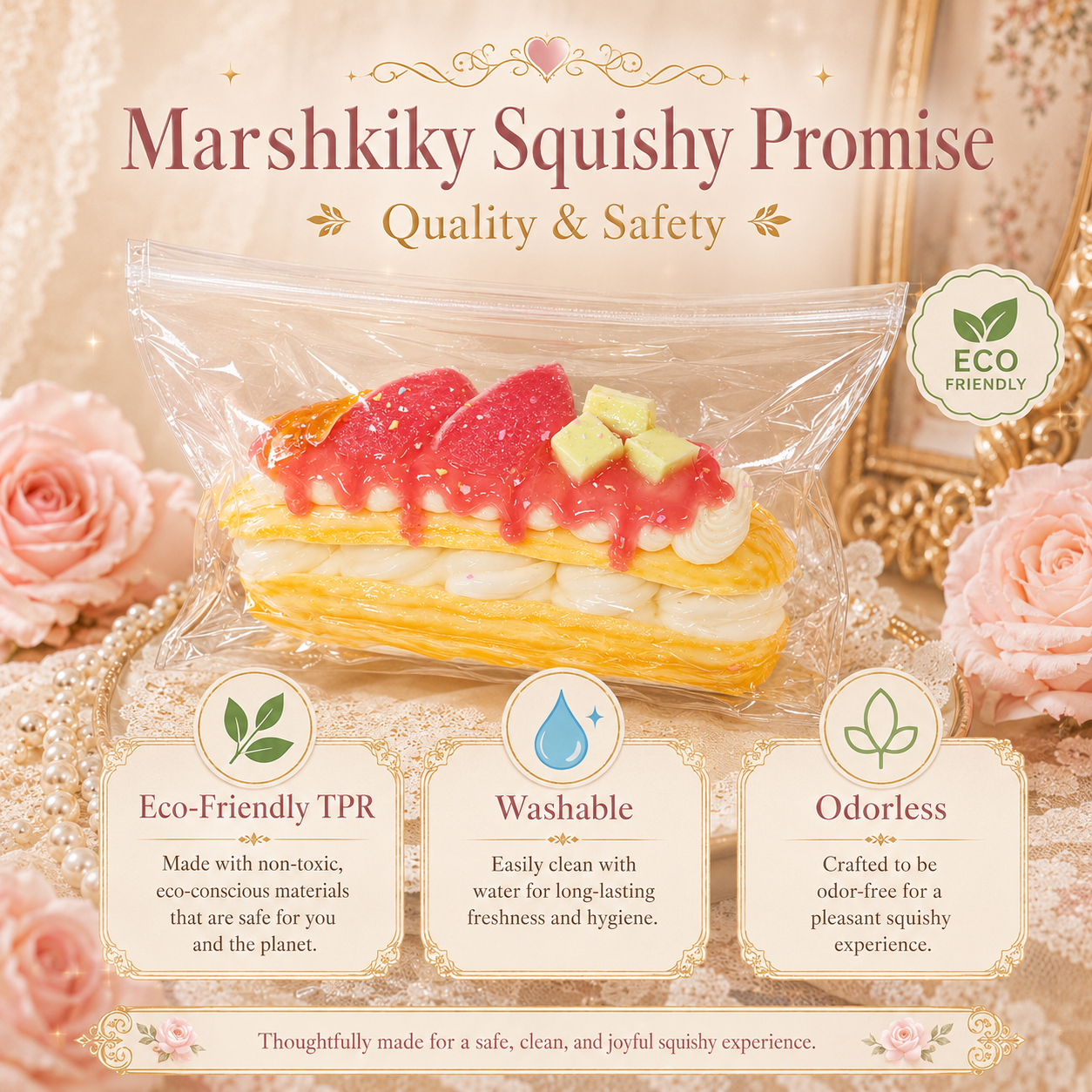 Yellow squishy highlighting quality promises: eco-friendly TPR material, washable, and odorless features.