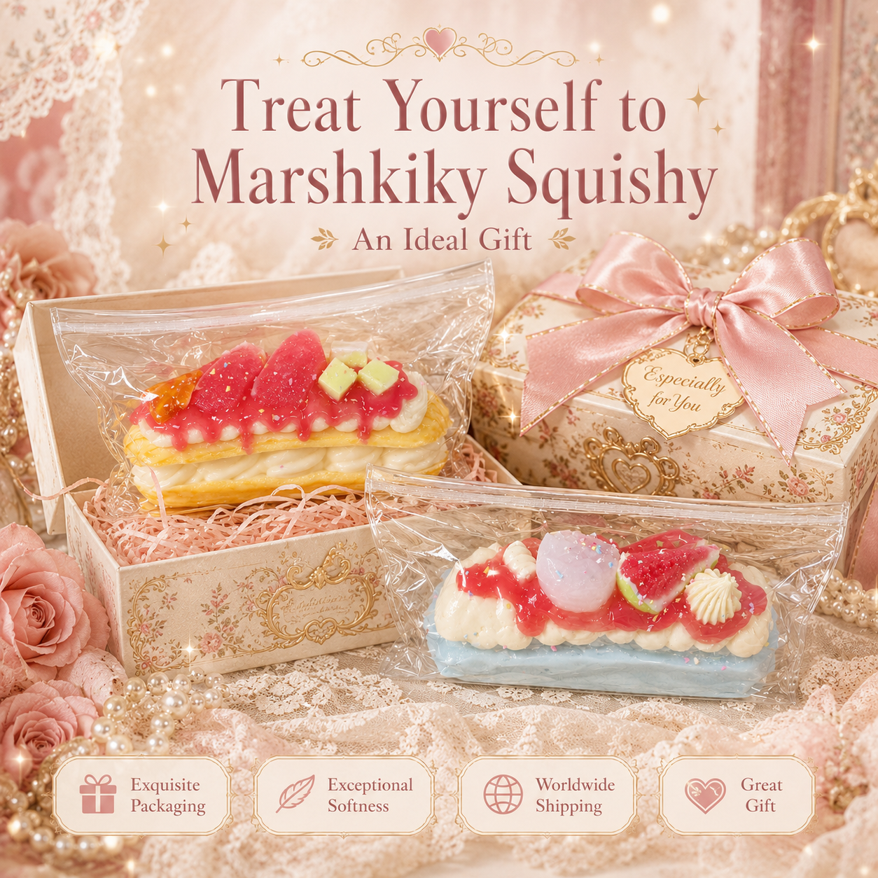 Yellow dessert squishy inside an exquisite floral gift box with a pink ribbon, next to a blue squishy and pearls.