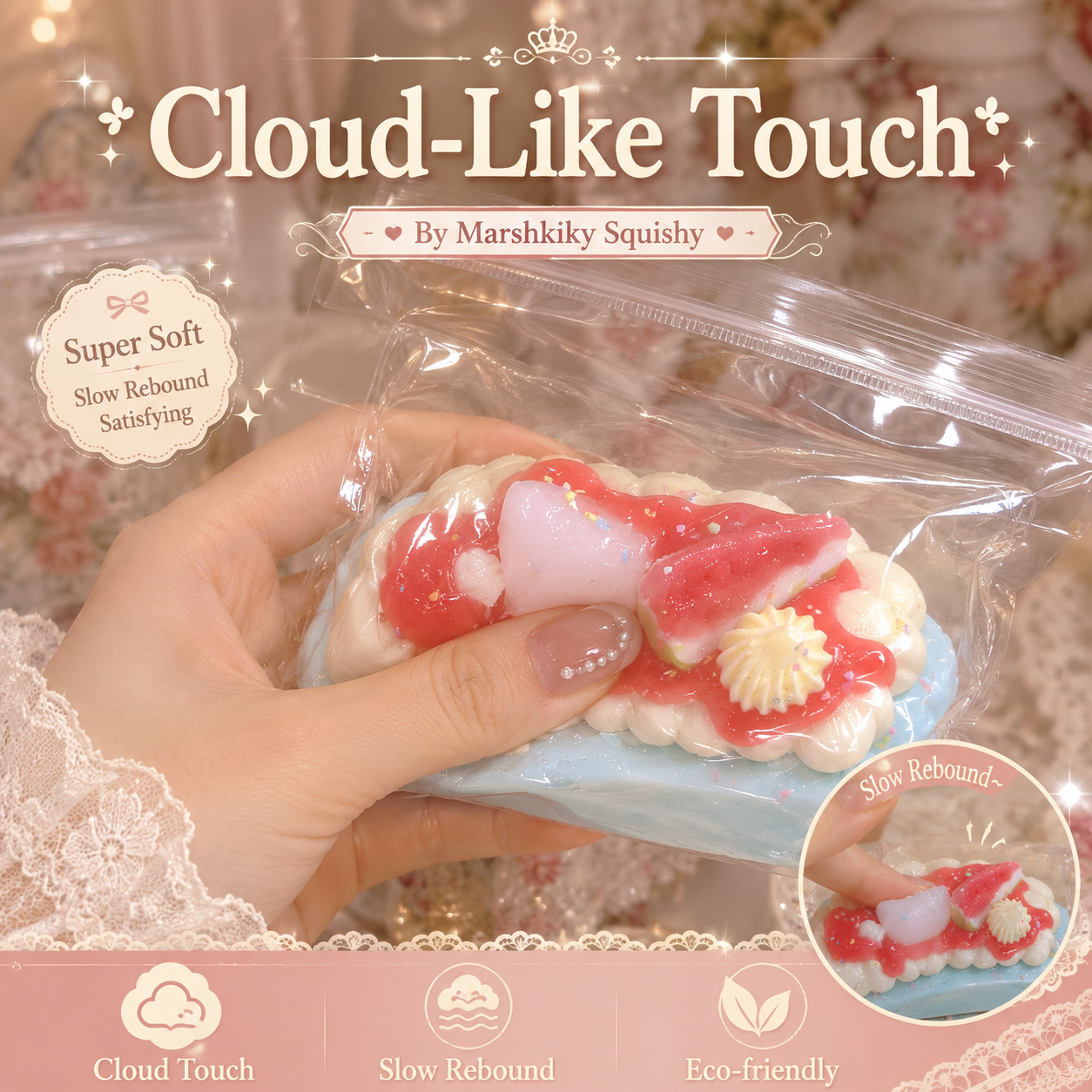 Hand squeezing a blue dessert squishy showing deep finger compression and slow rebound cloud-like touch.