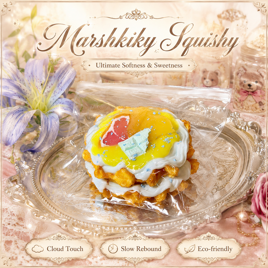 Marshkiky Squishy waffle toy in clear bag on silver tray, showing ultimate softness and slow rebound features.
