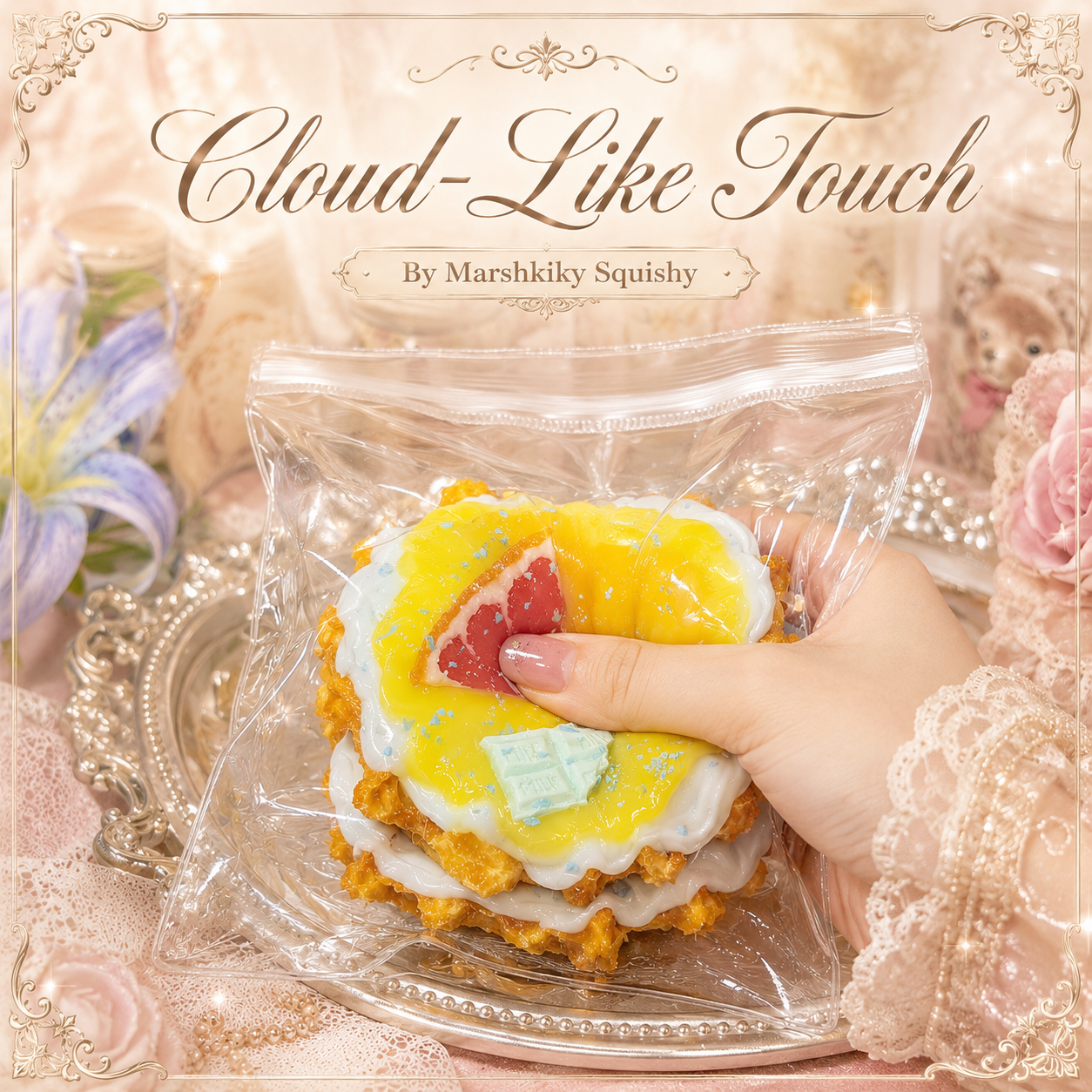 Hand pressing deeply into the Marshkiky Squishy waffle toy through a clear bag, demonstrating its cloud-like touch.