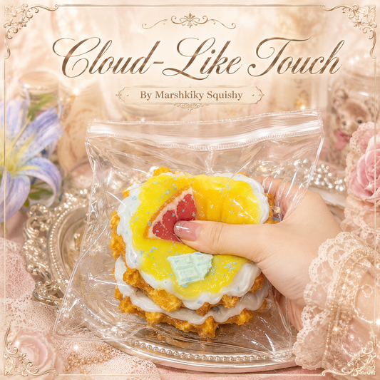 Hand pressing deeply into the Marshkiky Squishy waffle toy through a clear bag, demonstrating its cloud-like touch.