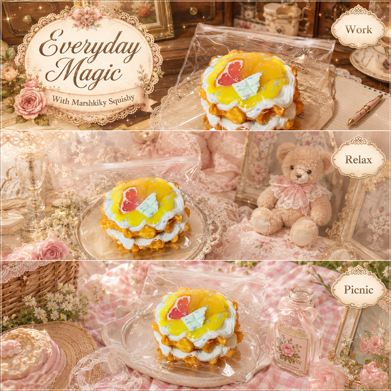 Marshkiky Squishy waffle toy shown in work, relax, and picnic settings to bring everyday magic to your routine.
