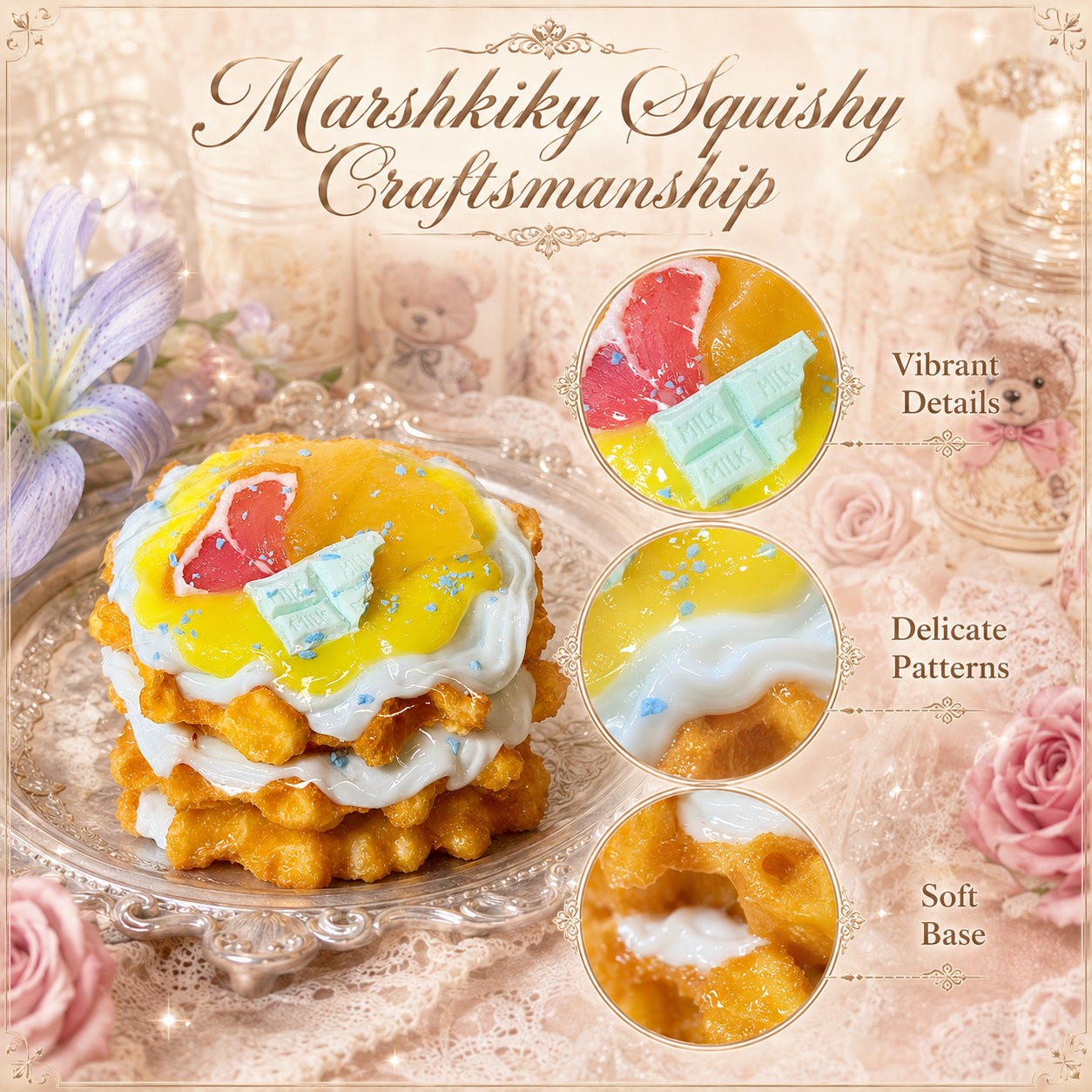 Detailed craftsmanship of Marshkiky Squishy waffle showing vibrant toppings, delicate patterns, and a soft base.