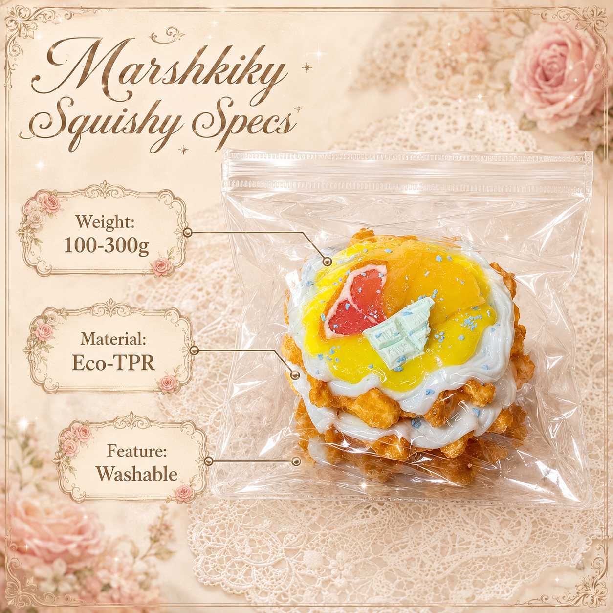 Marshkiky Squishy specs showing the eco-TPR waffle toy in a bag. Features include 100-300g weight and washable material.