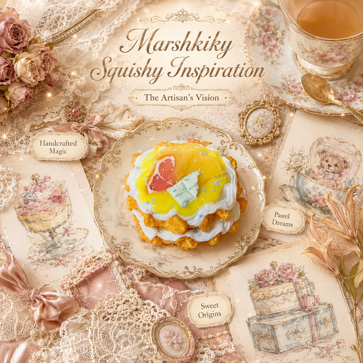Unbagged Marshkiky Squishy waffle toy on a floral plate surrounded by vintage illustrations and sweet pastel inspiration