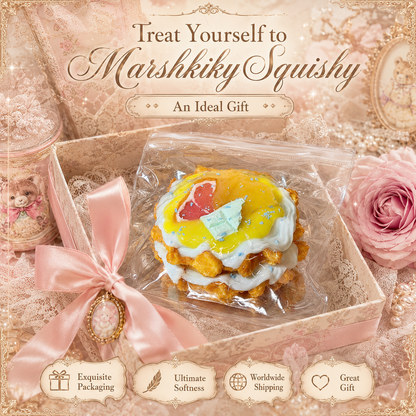 Marshkiky Squishy waffle toy in exquisite gift box packaging with a pink ribbon, perfect as an ideal gift.