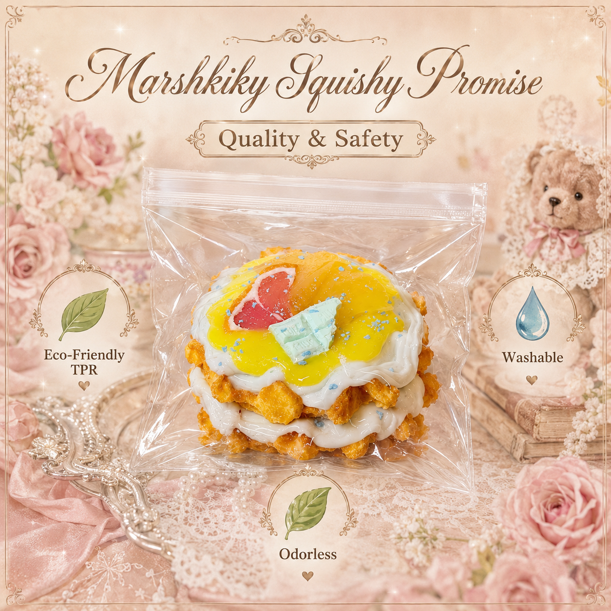 Marshkiky Squishy promise highlighting quality and safety features: eco-friendly TPR, washable, and odorless materials.