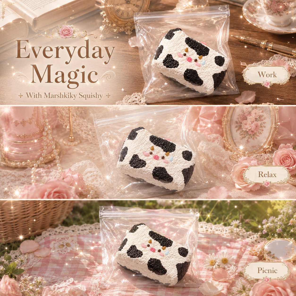 Cute Cow Pig Rice Ball Squishy Toy Slow Rising Fidget Toy Food Grade Silicone Stress Relief Toy Desk Accessory Kawaii Aesthetic Decor For Office Adults Birthday Gift For Women