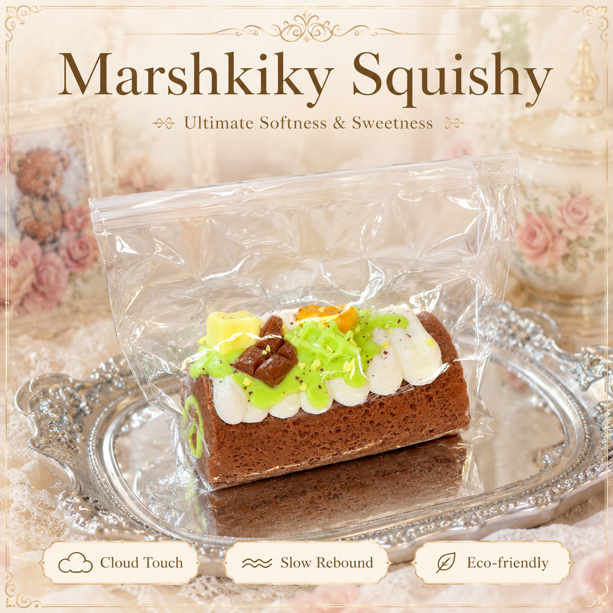 Realistic chocolate cake roll squishy toy in clear packaging on a silver tray, surrounded by vintage lace and roses.