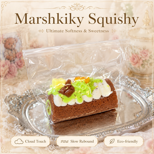 Realistic chocolate cake roll squishy toy in clear packaging on a silver tray, surrounded by vintage lace and roses.