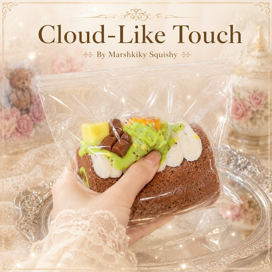 Hand squeezing a soft chocolate cake roll squishy toy through a plastic bag, demonstrating its cloud-like touch.