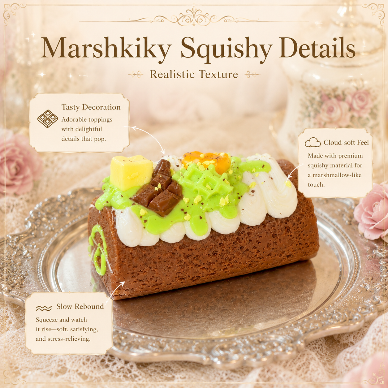 Close-up of realistic chocolate cake squishy showing porous texture, cream, and detailed toppings on a silver tray.