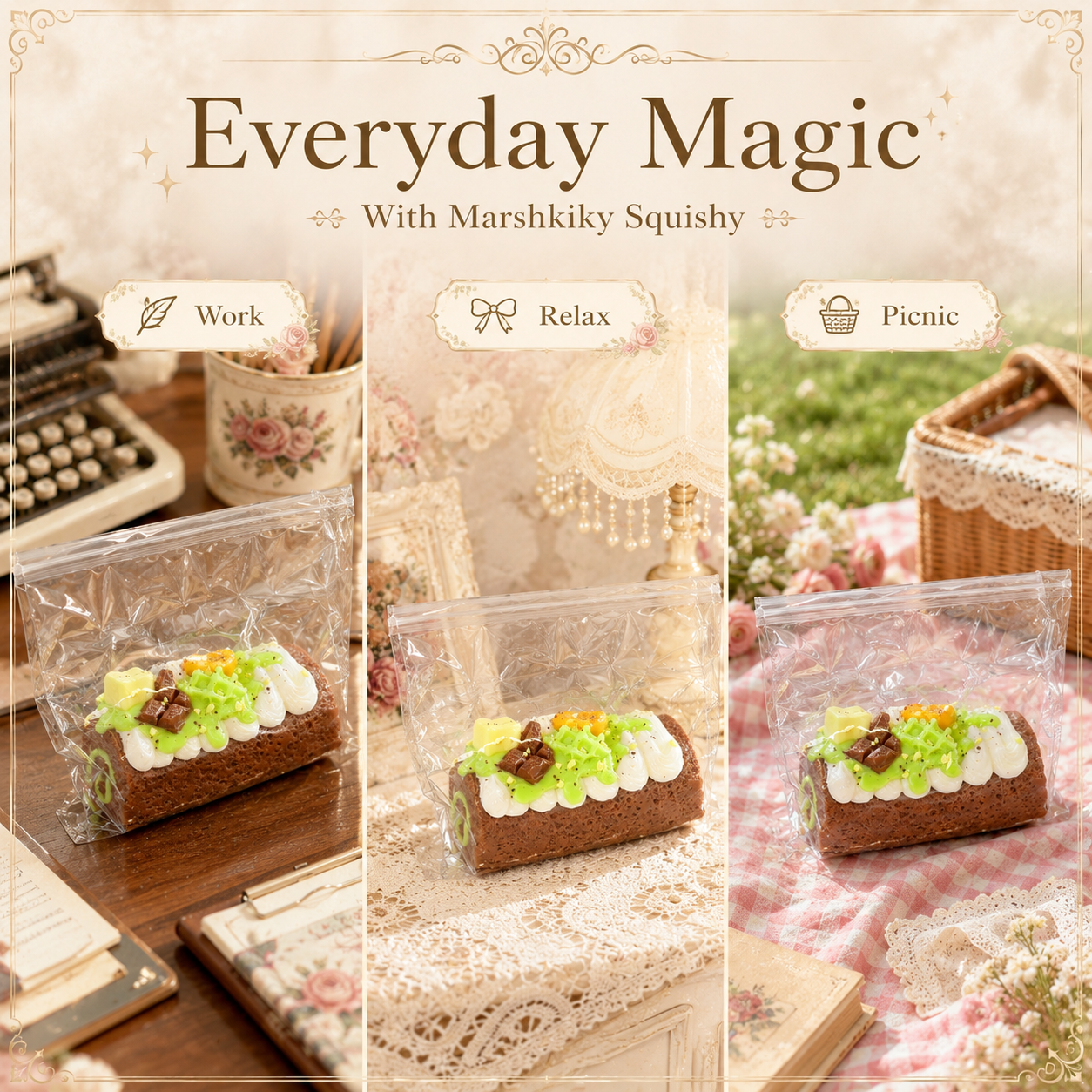 Three-panel collage showing the packaged cake squishy toy used for stress relief at work, relaxing, and on a picnic.