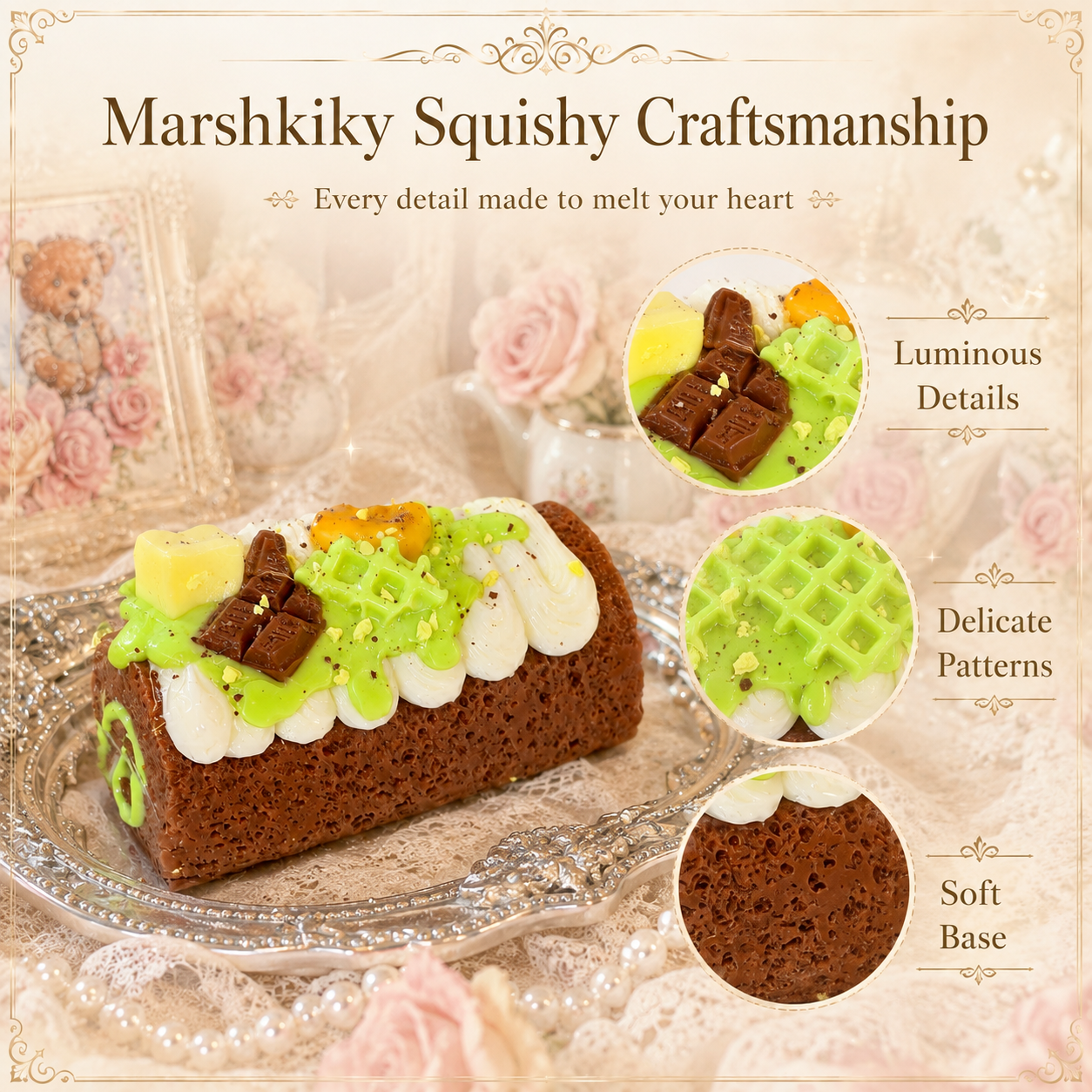 Craftsmanship details of the cake squishy highlighting luminous chocolate toppings, delicate patterns, and soft base.