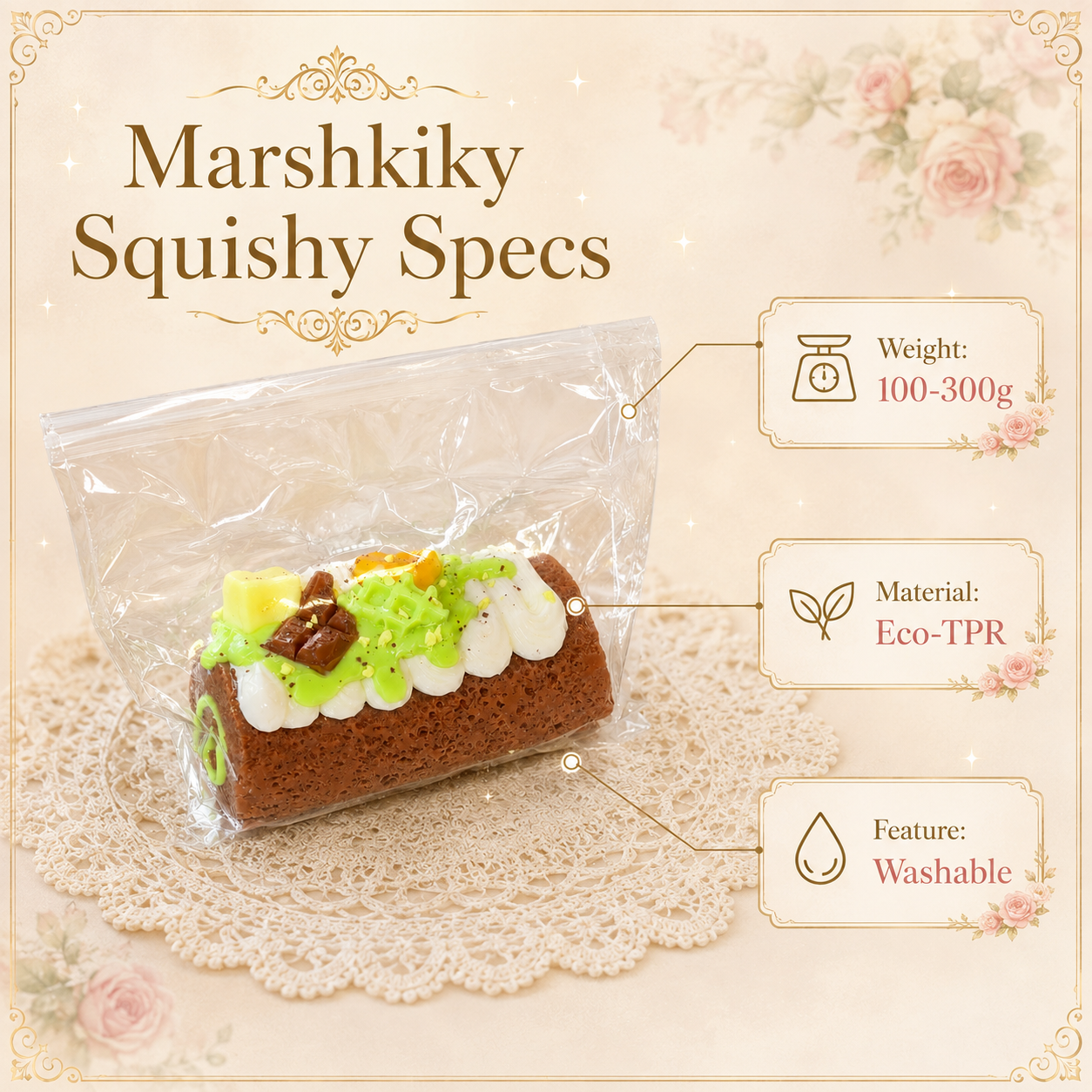 Packaged cake roll squishy on a lace doily displaying specs: 100-300g weight, Eco-TPR material, and washable feature.